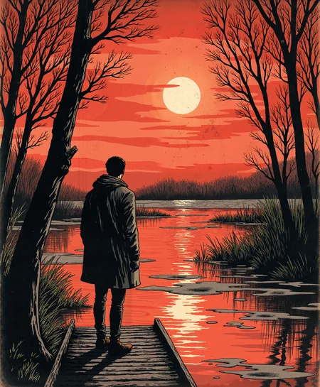 Comic book style,linquivera,Ink illustration,(anime:0.5),brown tones,aged black red paper,inkpunk,moonlight,ink stains,ink splashes,drips,surreal,a man standing on a dock in swampy wetlands,(at a distance),Will-o'-the-wisp,moonlit,lonely,solitude,windy,tall trees,willows,willowy,OverallDetail,extremely detailed,UHD,(long exposure , dystopian but extremely beautiful:1.4), in the style of umej1900