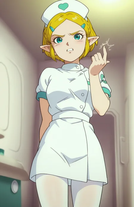 <lora:anatomy_helper:0.8> 1girl, solo, <lora:Broly_v1:0.9> dbsb,
nurse, nurse outfit, white dress, white pantyhose, white nurse cap, <lora:Zelda-IL-v2:0.7>, ChopioZelda, blonde hair, aqua eyes, pointy ears, short hair, crown braid, sidelocks, parted bangs, hairclip,
hotel, Fingers snapping, (Grimace), extremely detailed, highres, masterpiece, best quality