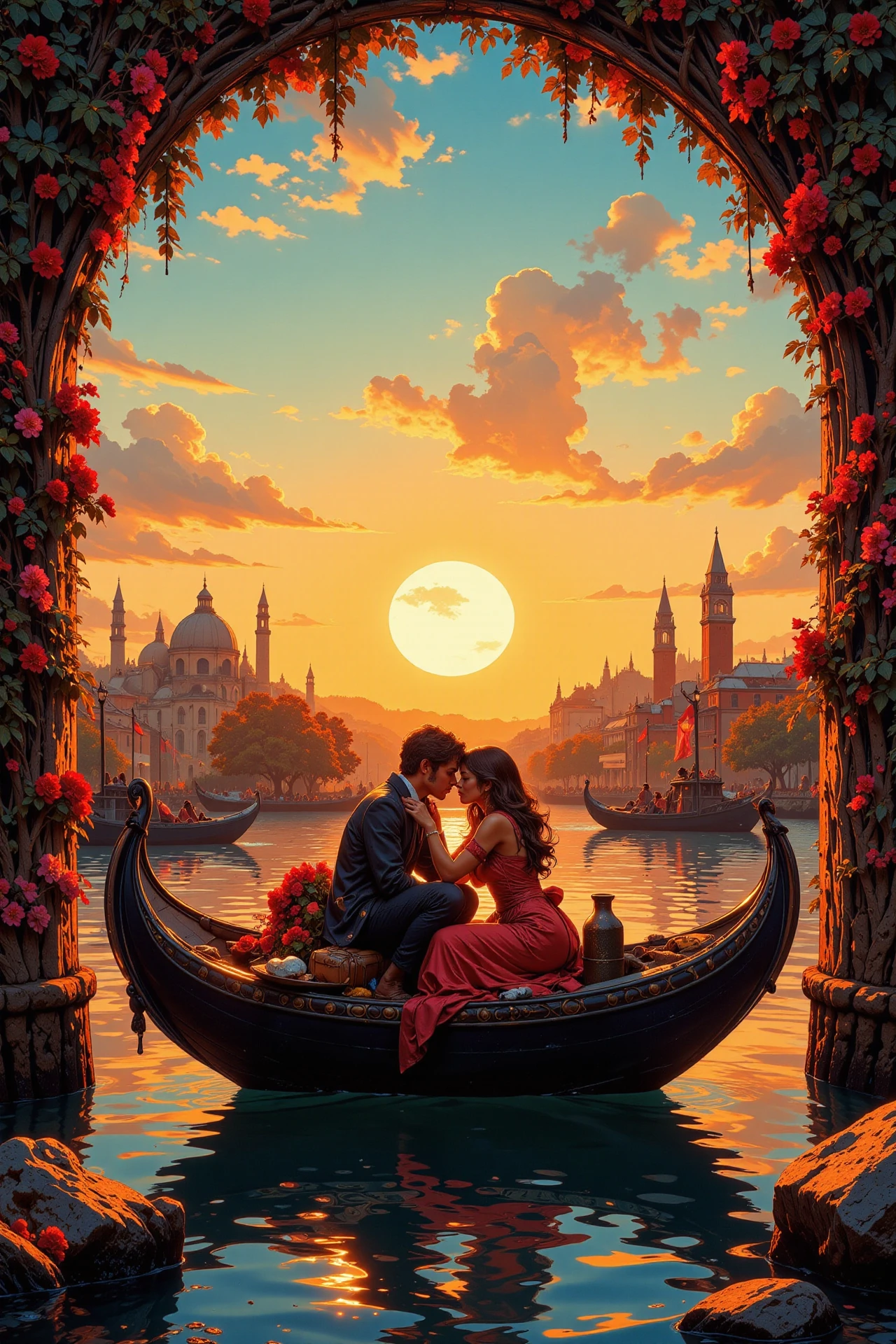 a romantic kiss on a gondola ride beautiful  landscape, sunset, woman, very intricate, very detailed, sharp, bright, colorful, <lora:Hand v2:0.5> <lora:Anti-Blur:1><lora:Insane Detail Slider:0.25>  <lora:flux.1_lora_flyway_Epic-detail_v2:0.3> <lora:fluxenhancer:0.25>  <lora:Anime art - Variant 1:1>