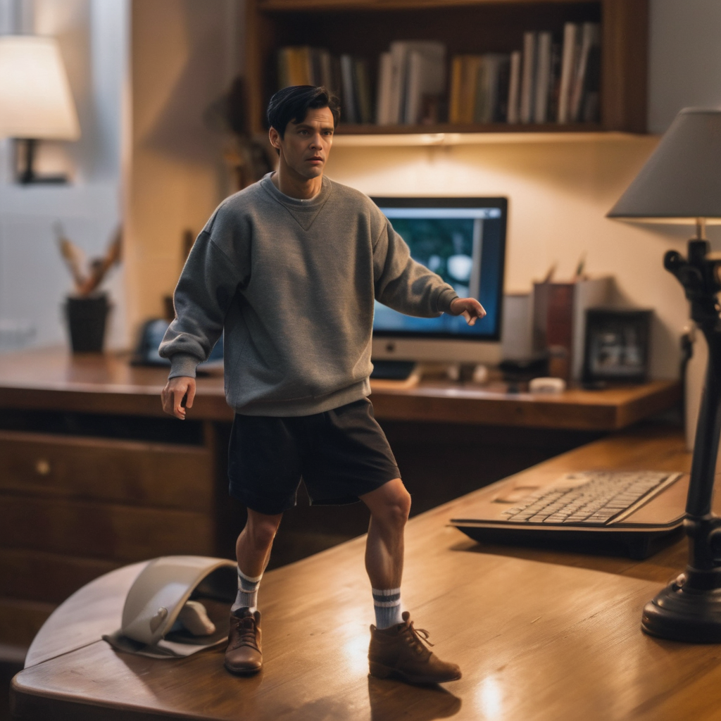 (best quality), (masterpiece), ultra-detailed, illustration, a scene involving one tiny (miniature:1.6) man, looking at viewer, 30 year old, (huge loose oversized sweatshirt and loose shorts),  wearing socks, miniature man (standing on desk next to keyboard, lamp), living room, couch, sofa, lamp, curtains, wood floors, coffee table, side table, windows, apartment, dynamic light, combed back black hair, Scottish face, 8k uhd, dslr, soft lighting, high quality, film grain, Fujifilm XT3, sharp focus, F/8.0,  <lora:shrunken:0.8>