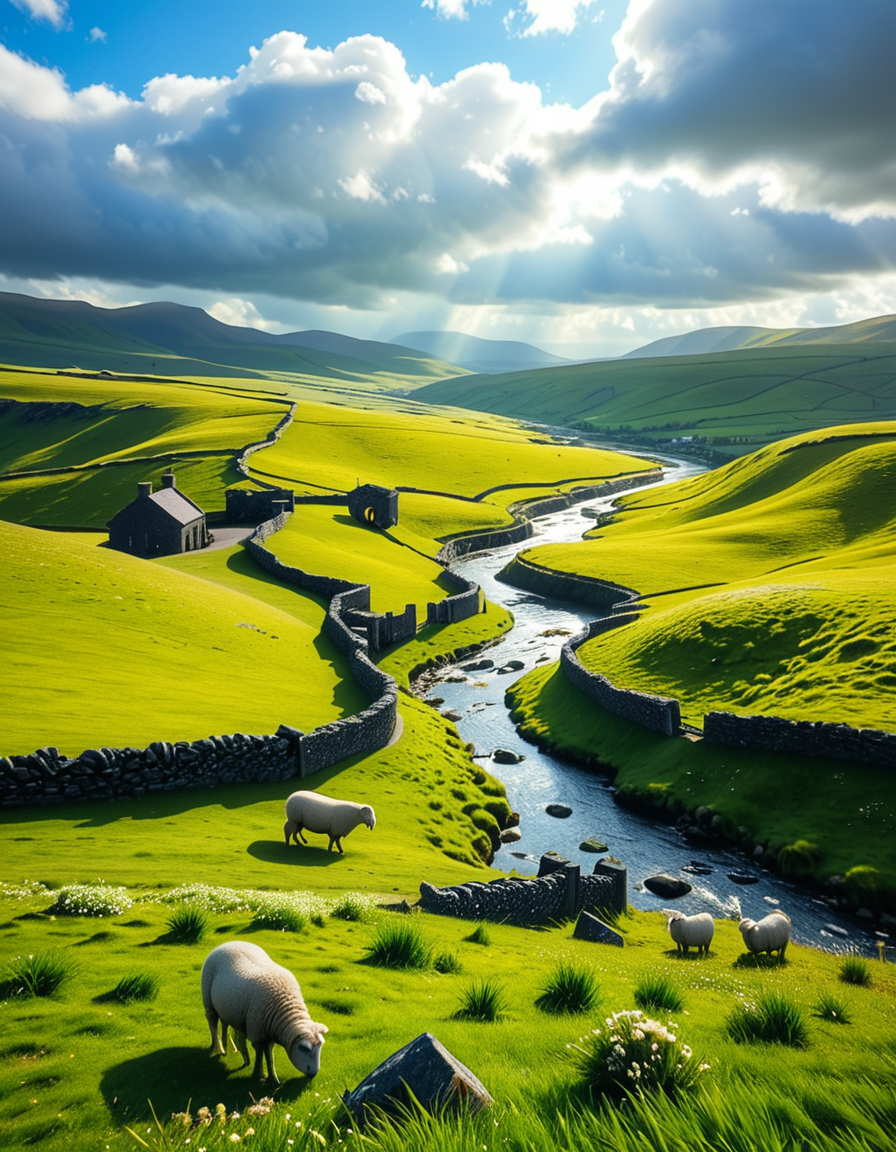 A breathtaking, high-resolution photograph of the rolling plains of Ireland, stretching endlessly under a vast, cloud-streaked sky. The landscape is a lush, vibrant green, with gentle hills covered in soft grass and dotted with scattered wildflowers. Ancient stone walls and winding dirt paths cut through the fields, marking old farmland boundaries. In the distance, a few solitary sheep graze peacefully, their white wool contrasting against the emerald grass. A small, clear river meanders through the valley, reflecting the soft light of the sky. The horizon is framed by low, misty mountains, adding depth and mystery to the scene. Above, the sky is a mix of bright blue and fluffy white clouds, casting dynamic shadows across the landscape as beams of sunlight break through. The atmosphere is serene, timeless, and rich with the natural beauty of the Irish countryside.
<lora:SDXLFaeTastic2400:0.4> <lora:extremely_detailed:0.4> extremely detailed, <lora:rolling_plains_of_1r3l4nd:1>,rolling plains of 1r3l4nd, Masterpiece,best quality,hi res,8k,hi res,8k,award winning,(sharp focus, intricate, highly detailed),