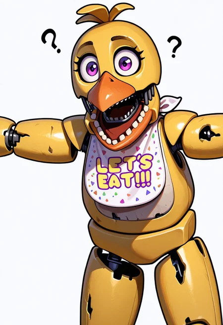masterpiece, best quality, amazing quality, very aesthetic, absurdres, newest, detailed background, foreground blur, (( cartoon,  )),
withchica, 1girl, teeth, robot, open mouth, solo, yellow skin, bib , no humans, joints, beak, bird, purple eyes, wires
simple white background, stretched arms, cowboy shot, looking offscreen, simple style, black outline, tilted head, confused,