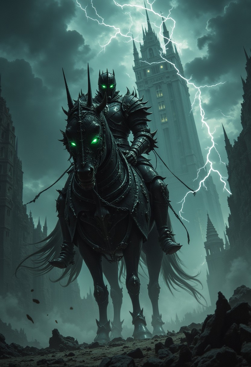 A dark, armored knight on a skeletal, demonic horse with glowing eyes rides through a stormy, apocalyptic landscape. Lightning cracks through the sky, casting eerie green light on the black, spiked armor. The towering castle in the background looms ominously, with debris scattered underfoot, evoking dread and power.