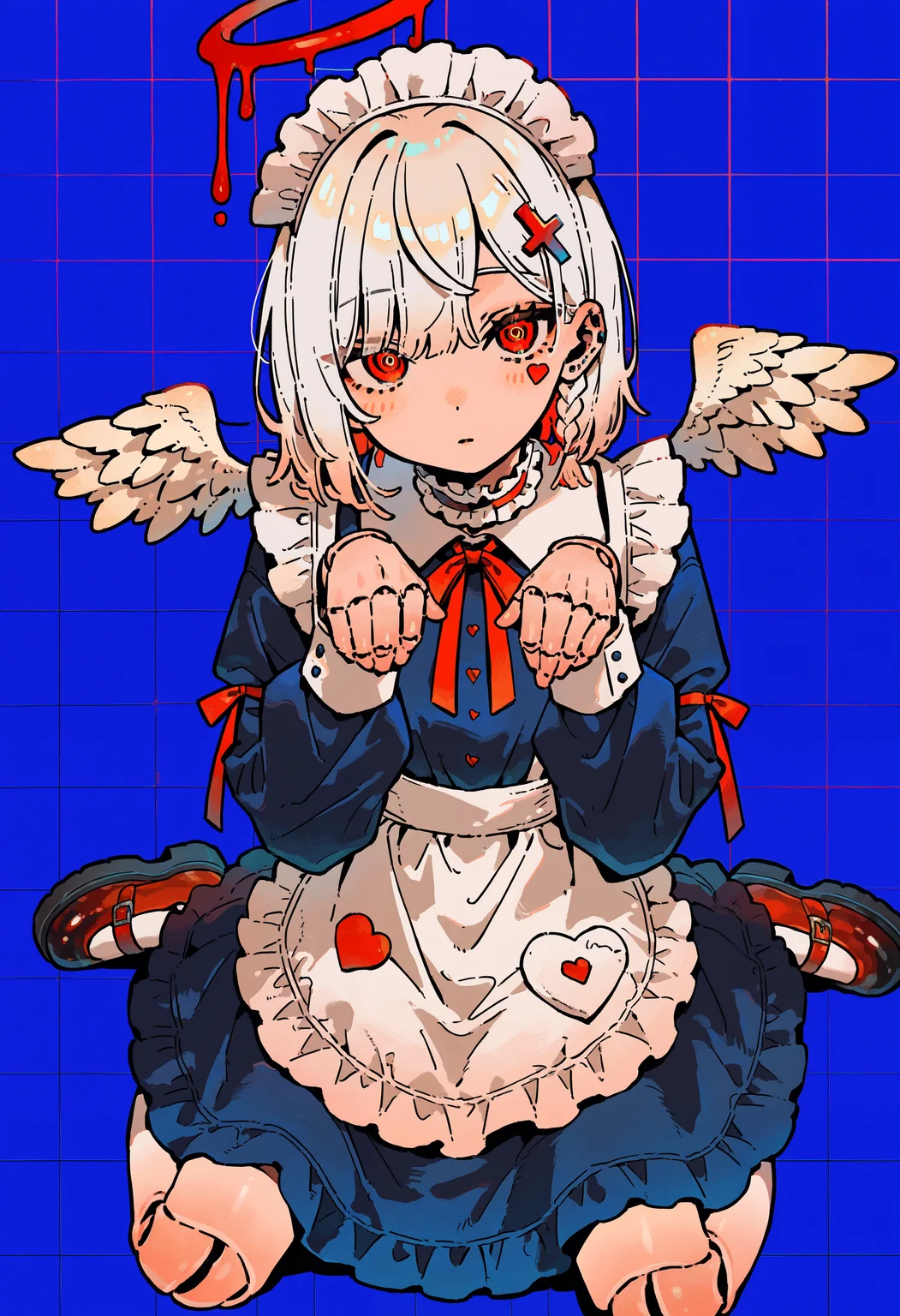 masterpiece, absurdres, newest, very awa, kou \(tamagosan1001\),   1girl, solo, doll joints, white hair, short hair, swept bangs, side braids, cross hair ornament, red eyes, long pupils, heart stickers, frilled choker, small wings, angel wings, maid outfit, blue clothes, white apron, frilled sleeves, long sleeves, neck ribbon, arm ribbon,     sitting, upper body only, wariza, squid pose, three quarter view, looking at viewer, from above, foreshortening, checkered background, blue background,  <lora:spo_sdxl_10ep_4k-data_lora_webui>,  <lora:TA_trained:0.35>,  <lora:NOOB_EPSv1_1_detailer_by_vlnvk_v0_5>,  <lora:kou_tamagosan1001_NAI:0.8>