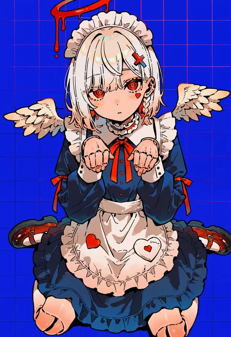 masterpiece, absurdres, newest, very awa, kou \(tamagosan1001\), 1girl, solo, doll joints, white hair, short hair, swept bangs, side braids, cross hair ornament, red eyes, long pupils, heart stickers, frilled choker, small wings, angel wings, maid outfit, blue clothes, white apron, frilled sleeves, long sleeves, neck ribbon, arm ribbon, sitting, upper body only, wariza, squid pose, three quarter view, looking at viewer, from above, foreshortening, checkered background, blue background, <lora:spo_sdxl_10ep_4k-data_lora_webui>, <lora:TA_trained:0.35>, <lora:NOOB_EPSv1_1_detailer_by_vlnvk_v0_5>, <lora:kou_tamagosan1001_NAI:0.8>