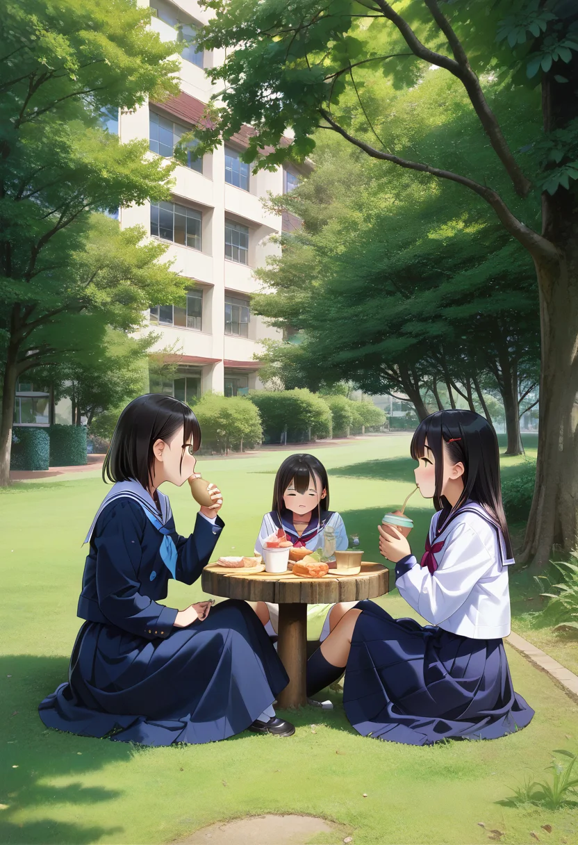 score_9, score_8_up, score_7_up, rating_safe, masterpiece, best quality, absurdres, unity 8k wallpaper, official art, official style, source_anime, uncensored, game cg, megami magazine,
nakaniwa, multiple girls, tree, school uniform, outdoors, sitting, serafuku, black hair, scenery, skirt, table, grass, bench, day, food, cup, building, eating, sailor collar
 <lora:gakkou_nakaniwa_PONY_V1:1>