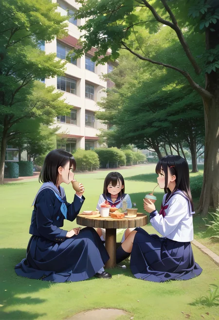 score_9, score_8_up, score_7_up, rating_safe, masterpiece, best quality, absurdres, unity 8k wallpaper, official art, official style, source_anime, uncensored, game cg, megami magazine,
nakaniwa, multiple girls, tree, school uniform, outdoors, sitting, serafuku, black hair, scenery, skirt, table, grass, bench, day, food, cup, building, eating, sailor collar
 <lora:gakkou_nakaniwa_PONY_V1:1>