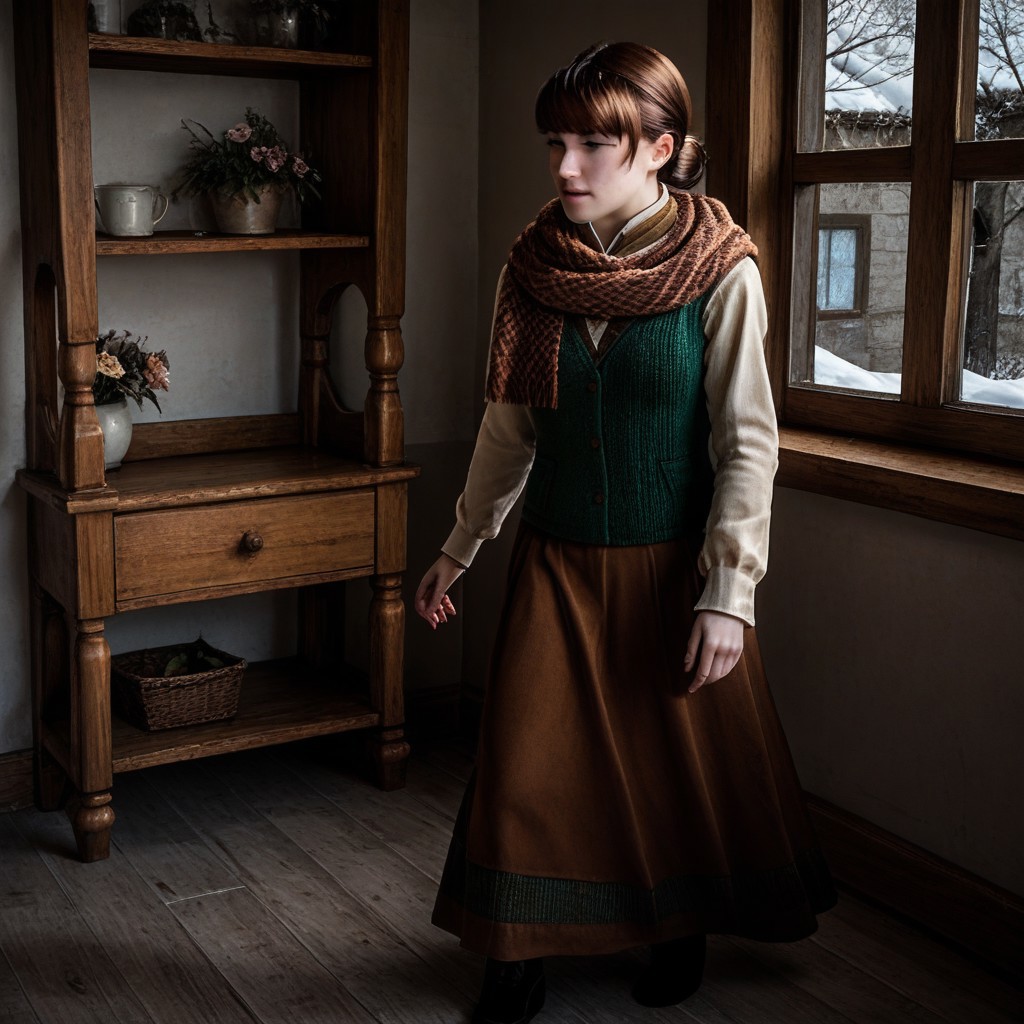 masterpiece, best quality, break, anne_hl, brown hair, single hair bun, scarf, long sleeves, long skirt, standing, leaning, window,