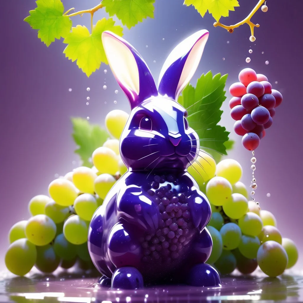 masterpiece, best quality, hyper-realistic, ultra-HD, intricate textures, luminous lighting, cinematic ambiance, shimmering gradients, ethereal glow, deep contrast, very aesthetic, one green grape bunny, in a field full of green grapes, day, sparkles, outside, (((full body)))