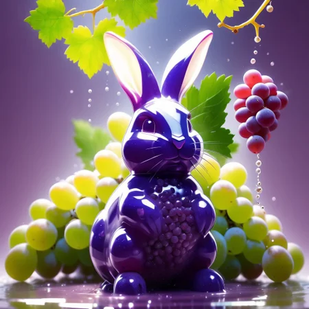 masterpiece, best quality, hyper-realistic, ultra-HD, intricate textures, luminous lighting, cinematic ambiance, shimmering gradients, ethereal glow, deep contrast, very aesthetic, one green grape bunny, in a field full of green grapes, day, sparkles, outside, (((full body)))