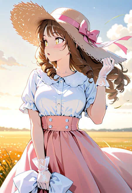 masterpiece, best quality, amazing quality, girl, brown hair, perfect eyes, portrait shot, long hair, ringlets hair, bangs, medium breasts, 8k, highest quality, ultra details,1girl, solo,  sparkling eyes,
Southern Belle, (pink:1.4) hoop skirt dress, cinched waist, short sleeves, white
 hair bow, white hair ribbons, white wide brim straw hat, medium breasts, white silk gloves, blush, looking to the side, slightly open mouth, strong wind, hair moving in the wind, holding dress down with hand, holding down hat with hand, dress blowing in the wind, sunny day, summer season,standing, through a grassy field, fluffy white clouds, outdoors, warm colors, warm lighting
