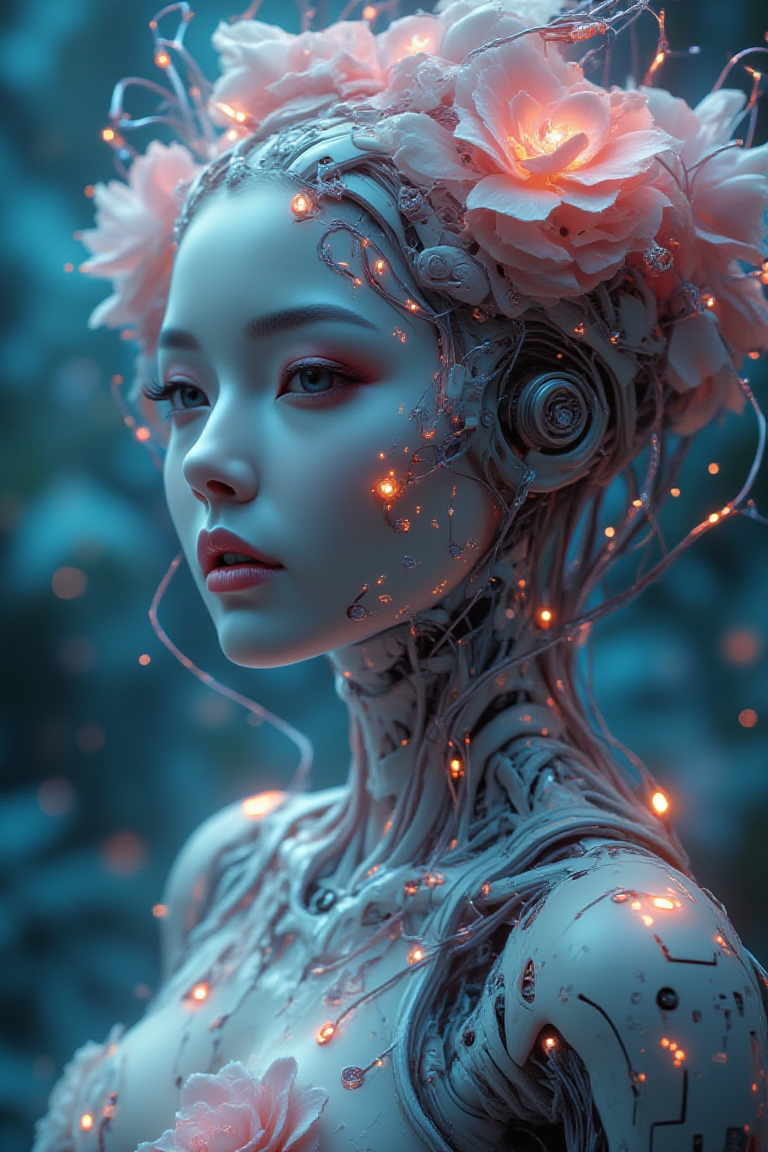 Abstract Lighting Effects, Hyperrealism, Midjourney Style, Photorealism, Cinematic, High Fidelity, Realism, Light Play,
analog style, smooth soft skin, close-up beautiful fractal flower decorated with snow-white Japanese empress beautiful body, science fiction, futuristic, utopian, machine parts, body parts, wires, circuits, high detail, octane rendering, cinematic, Ayami Kojima, Karol Bak, Greg Hildebrandt and Mark Brooks, hauntingly surreal, gothic, highly detailed and intricate, rich deep colors., science fiction, intricate artistic masterpiece, ominous, matte film poster, golden ratio, trending cgsociety, twisted, epic, trending on artstation, author artgerm, ch.r. Giger and Beksinski, science fiction, intricate art masterpiece, sinister, matte painting movie poster, golden ratio, trending cgsociety, intricate, epic, trending on artstation, by artgerm, h. R. Giger and Beksinski, highly detailed, vibrant, cinematic character rendering, ultra-high quality model