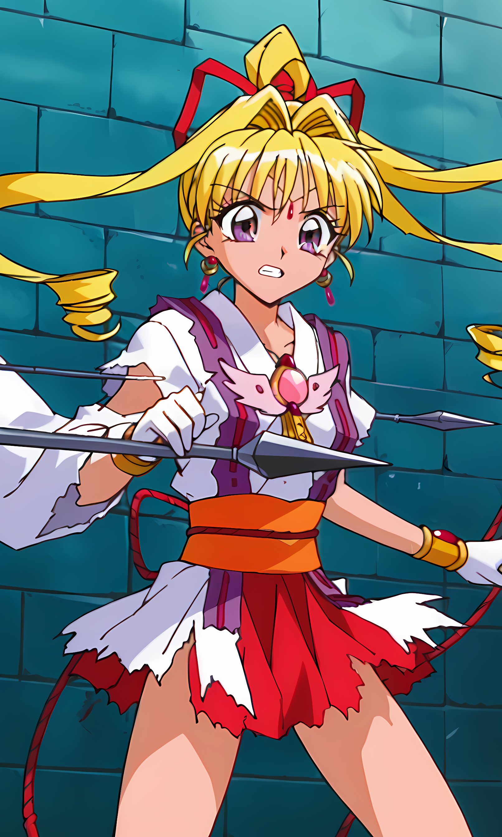 8k, best quality, solo, cute, score_9, score_8_up, score_7_up, 90s anime, Masterpiece, source_anime, KKJ, (Artist A Style:1.3), forehead jewelry, purple eyes, blonde hair, hair intakes with drill long sidelocks, very long hair, one high drill ponytail at the back, red hair ribbon, earrings, torn white kimono, torn white layered kimono miniskirt with red under layer, 2 torn purple straps on torn layered kimono miniskirt, 2 torn purple straps, pink gem on chest, torn white wide sleeve on the right arm, torn white short sleeve on the left arm, left sleeve completely torn, gold bracelet, white gloves, orange obi, red obijime cord, bow-shaped knot on waist with tassels, bare legs, serious, clench teeth, dynamic pose,  cowboy shot, brick wall, spears,  
