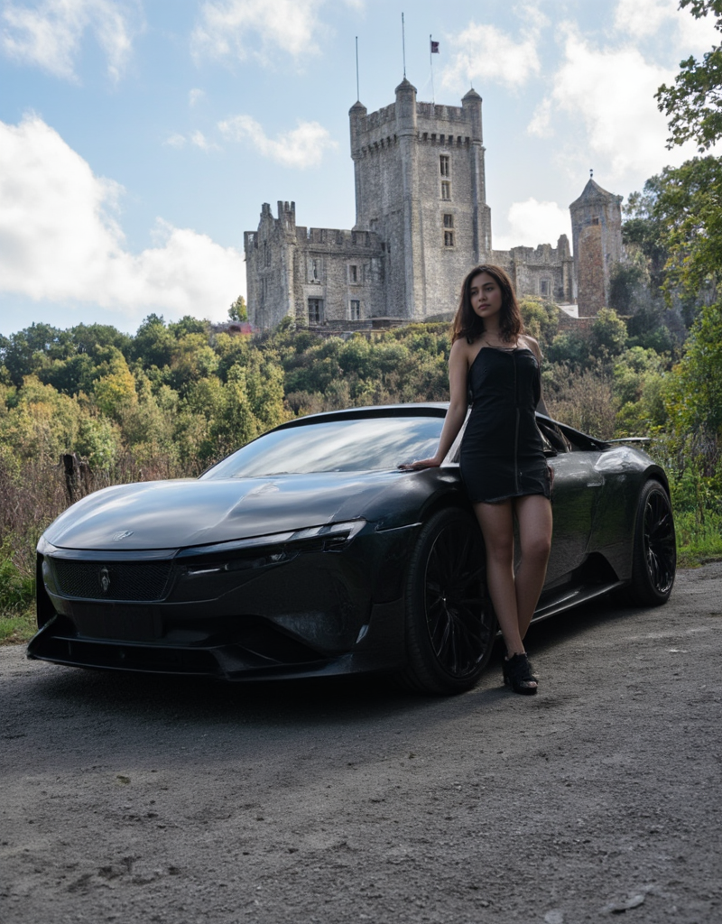 <lora:City_Worlds_01_v1_Roads:1> citybkg, 1girl, science fiction design car, in front of car, posing, standing, photo, cyberpunk <lora:citybkgv2:1> <lora:YCO_flux_F1b:1> yco_flux, castle