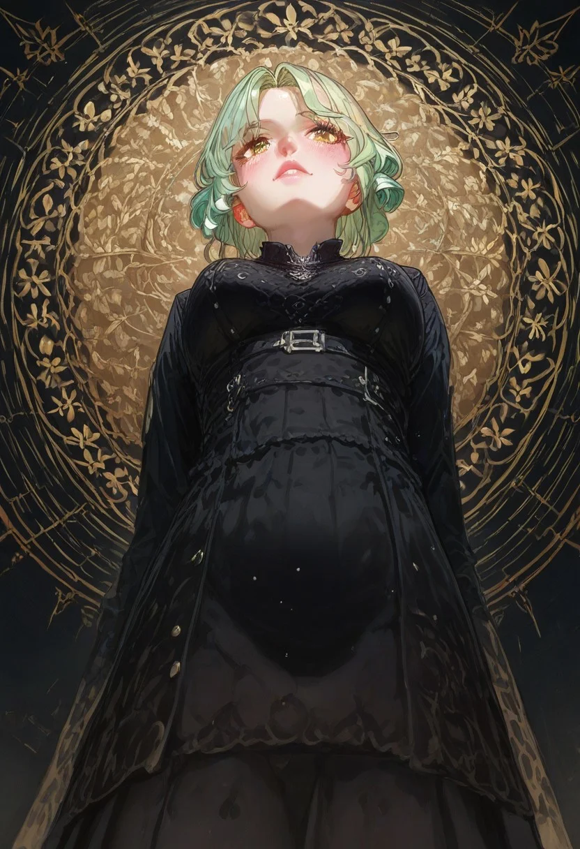 She looks directly at the viewer against a black background. 
A stunning painting of a knight with blonde hair, wheat field, epic clouds ((painterly)) ((impressionist)) vibrant, soft edges (((warm glow))) full body whole body view from below 1sologirl, feet together.