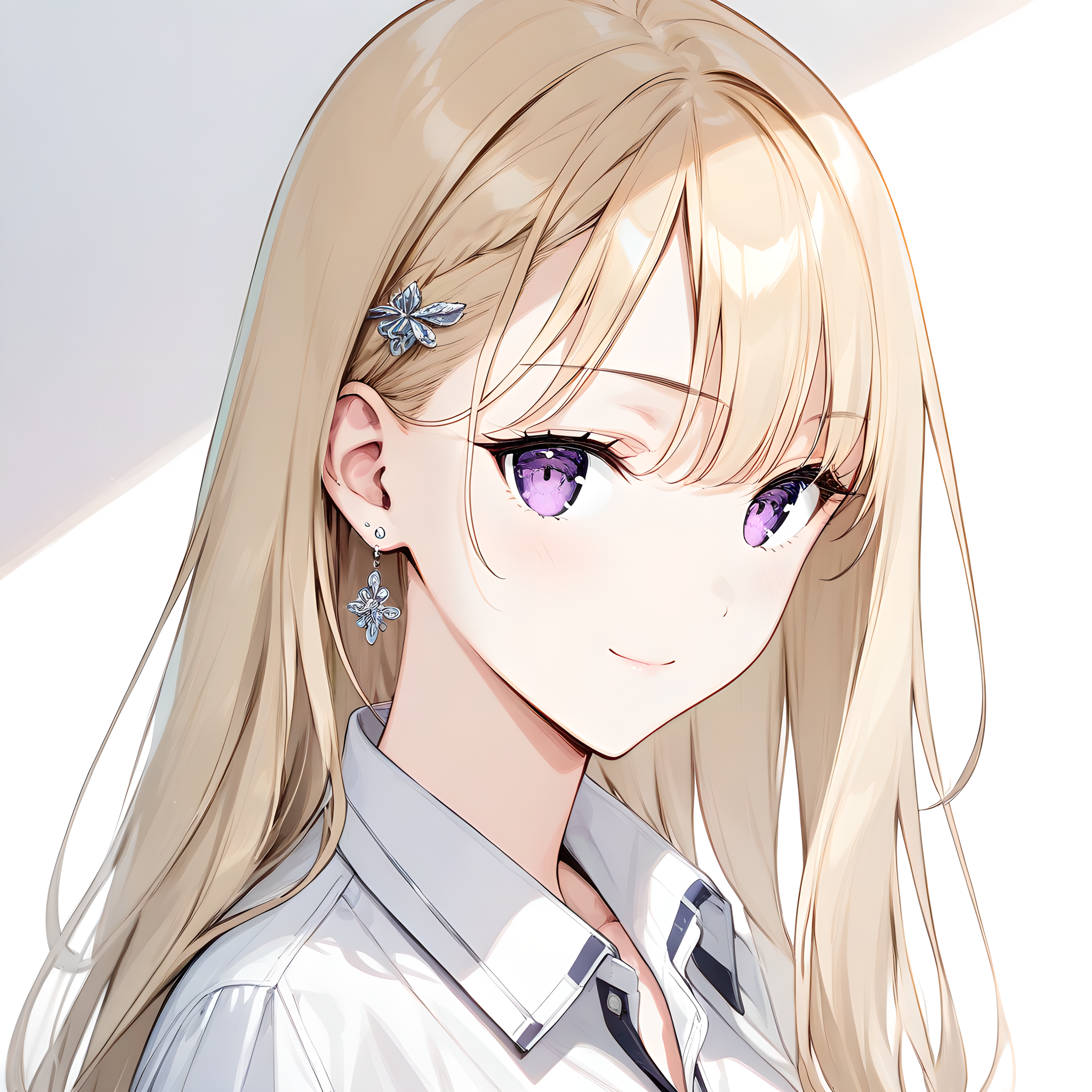 (masterpiece),(best quality),(ultra-detailed),(best illustration),(best shadow),(absurdres),(detailed background),(very aesthetic),ayase_saki, 1girl, solo, purple eyes, blonde hair, earrings, white background, jewelry, hair ornament, simple background, long hair, shirt, closed mouth, white shirt, collared shirt, bangs, smile, close-up, portrait, <lora:XL-AyaseSaki:1>