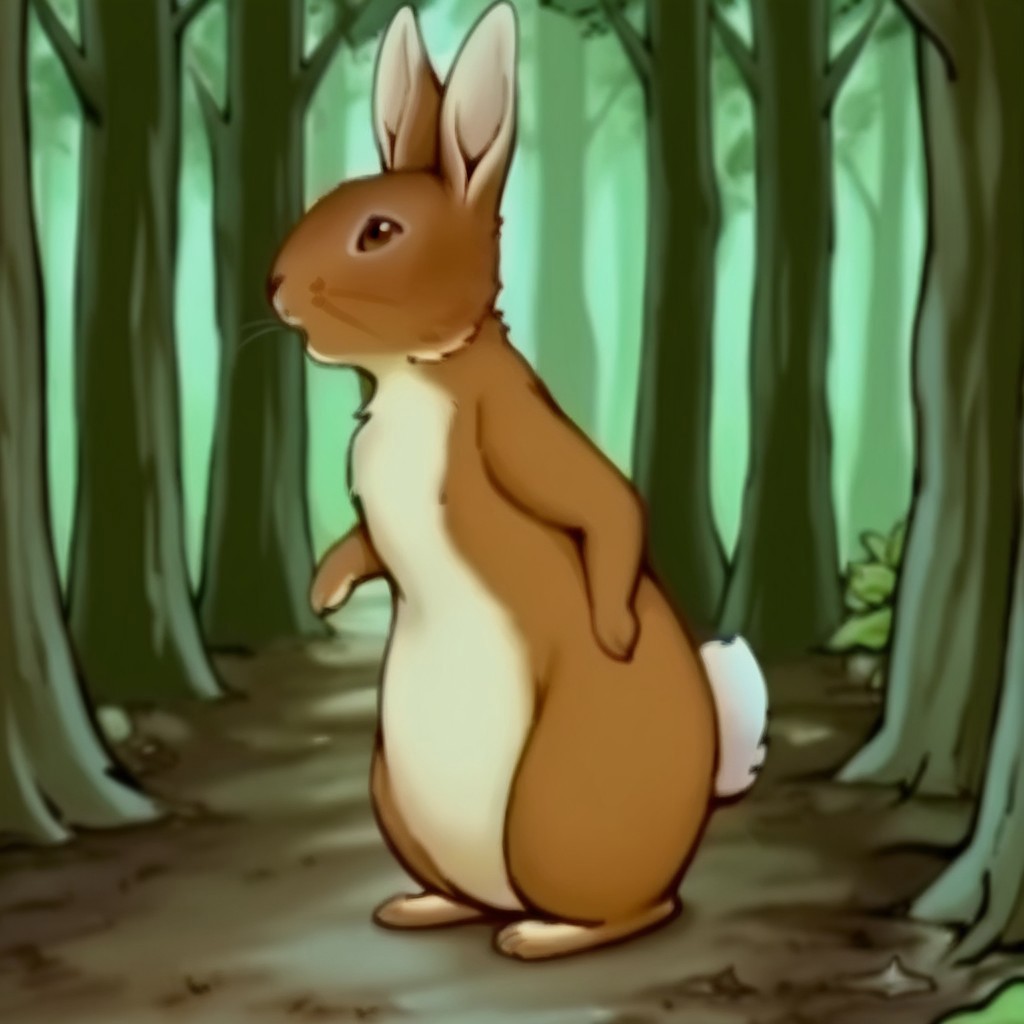 masterpiece, best quality, amazing quality, PeterRbbtil, semi-anthro, male, rabbit_boy, brown fur, brown eyes,  in forest, standing