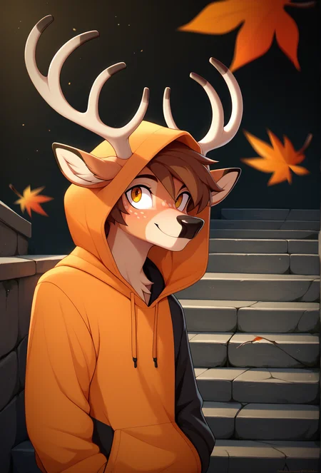 score_9, score_8_up, score_7_up, score_6_up, score_5_up, score_4_up, <lora:marblesoda_style_ponyXL_v1.2:1> marblesodastyle, autumn leaves (black background:1.1), stone wall, stairs
1boy, solo, deer boy, furry, deer ears, deer antlers, hoodie, hood, ( hood up:1.4), brown hair, freckles, amber eyes, looking at viewer, happy, black hoodie,( orange hoodie:0.8), ears through hood, from side