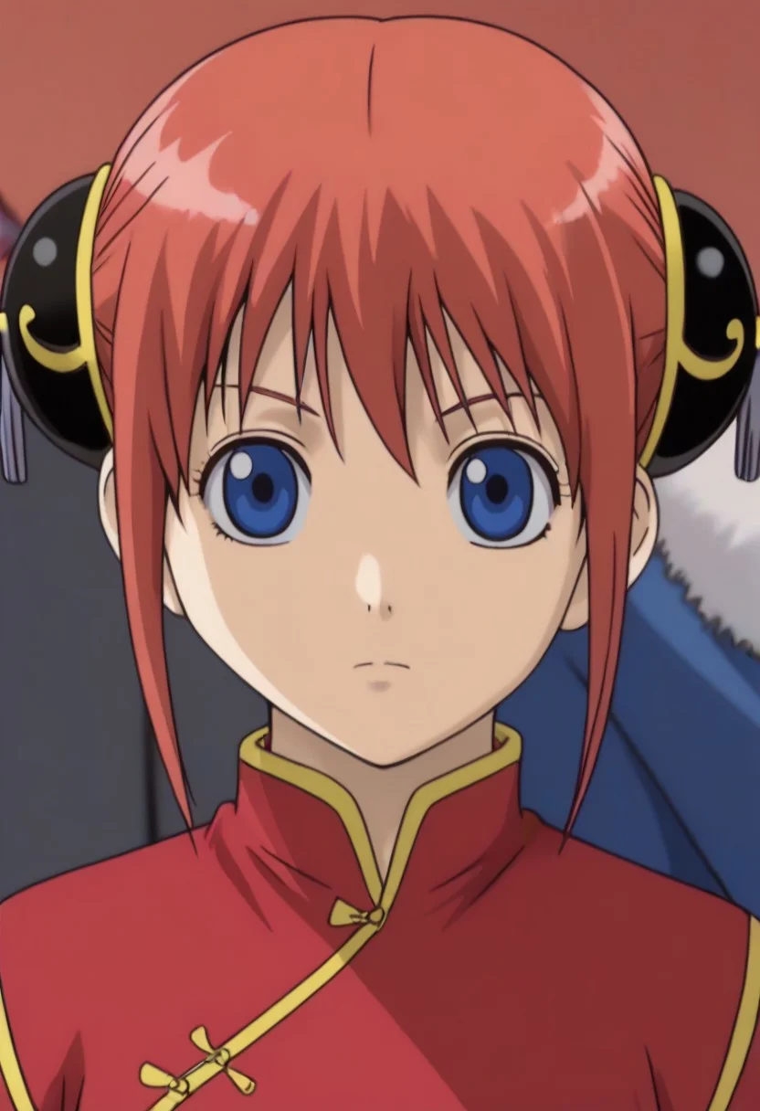 <lora:Kagura:0.8>blue eyes, red hair, Kagura red cheongsam with yellow piping outfit, Chinese clothes, double bun, bun cover, China dress,