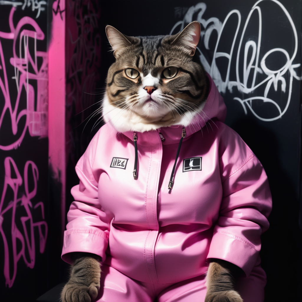 photo closeup of an annoyed overweight cat wearing a jacket sitting on a pink plastic chair in a dark room with black walls with white graffiti writing on them, <lora:UrbanGraffiti:1>, UrbanGraffiti, cinematic light, (masterpiece:1.3), (intricate:1), best quality,