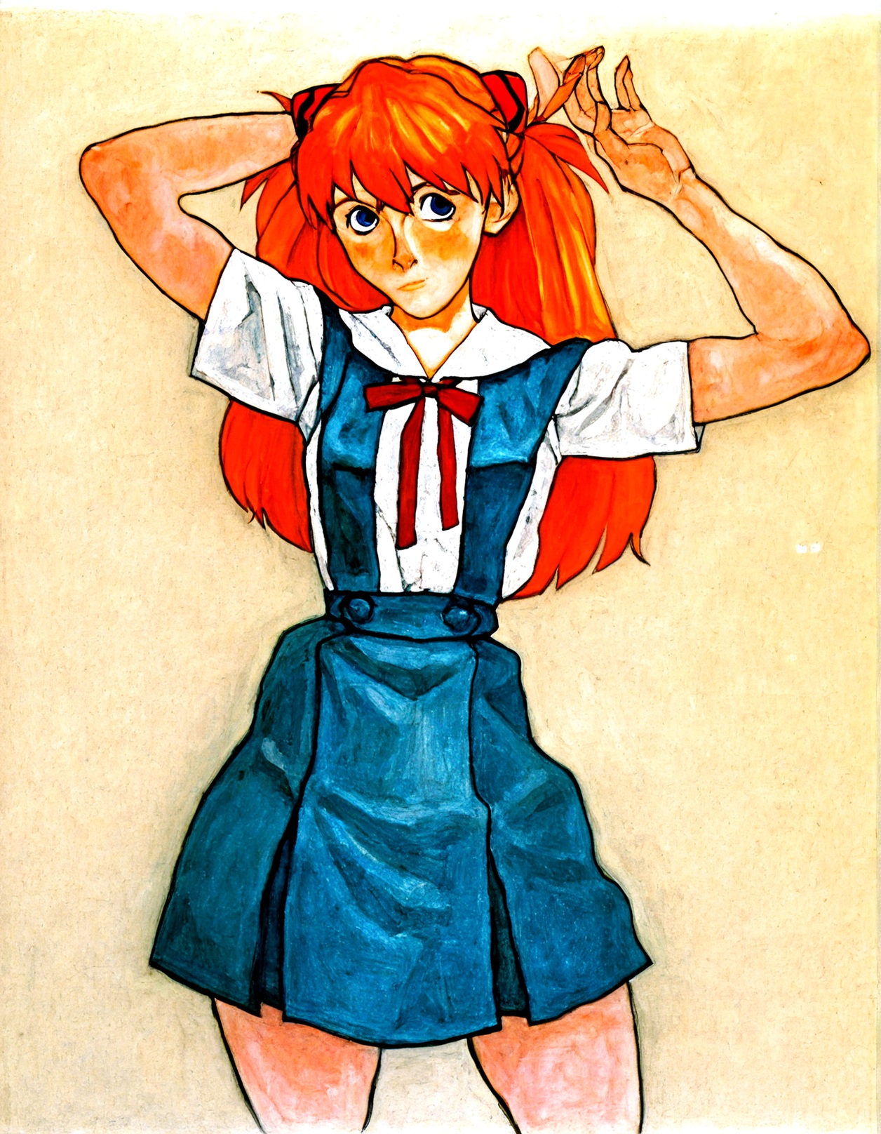 traditional media, painting (medium), Gaouch \(medium\), 1girl,solo, (souryuu asuka langley,:0.8) school uniform,