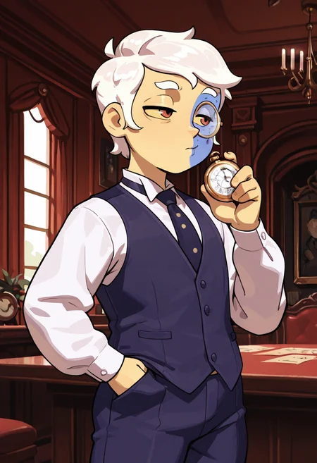 masterpiece, best quality, amazing quality, very aesthetic, absurdres,  newest, scenery, fancy dining room, BREAK, 1boy, solo, thecollector, suit, necktie, vest, fancy clothes, half-closed eyes, holding pocket watch, monocle