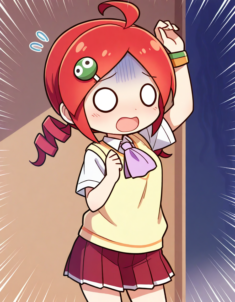 <lora:PAndouRingo_SDXL_Illustrious01_fp16_ver01:1>,PAndouRingo, 1girl,solo,red hair,white eyes,twin drills,character hair ornament,school uniform,ascot,sweater vest,bracelet,red skirt, cowboy shot, <lora:hotarueye_xl_comic04_v10_ill:0.5>,open mouth, chibi,o_o ,flying sweatdrops, gloom \(expression\), arm up,, masterpiece, best quality, very aesthetic, absurdres,<lora:detailed_hands:1>,hand