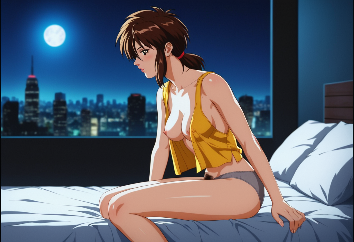 score_9, score_8_up, score_7_up, score_6_up, rating_explicit, contrast of cool dark background with warm bright foreground, full color, night, city light, volumetric moonlight, depth of field
neo-tokyo Aesthetic, modern bedroom Aesthetic, Blurry Background, cyber city view, stary night, full moon, light rays, beautiful natural lighting, glow, light,
<lora:Priss Asagiri _ Bubblegum Crisis Tokyo 2040_epoch_10:1>, Priss, sidelocks, retro artstyle, oversize yellow tank top, open shirt, grey underwear,
{petite body, athletic body, medium breasts, perfect round firm tits, medium round perfect tits, (medium Breasts:0.8), long legs, perfect anatomy, perfect face, perfect nose, detailed eyes, beautiful eyes, perfect eyes, perfect breasts, anatomically correct hands:1.3},
cute, side view, from side,
sitting in bed, posing, nipple slip, exposed breast, 1breast out of shirt, see through panties, (pubic hair:1.3), white pillows, white sheets, Tokyo cityscape, city lights, nsfw, (masturbating:1.3), fingers in pussy,