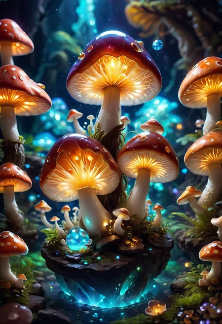 a tiny microverse inside an opal marble, tiny organisms, unexplored ecosystem, cute small critters, sparks, glowing mushrooms