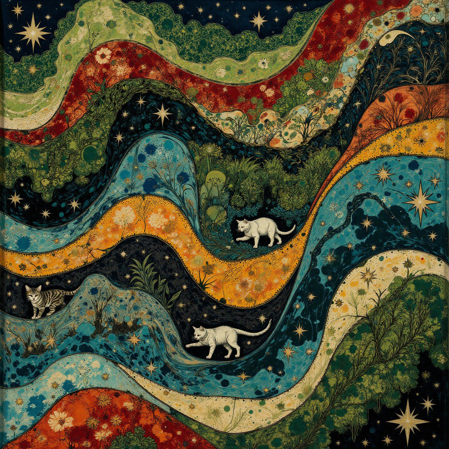 This is a Decadent Movement painting where the main shapes are a series of symmetrical diagonal waves utilising a forest colour palette. Between the main shapes there are many stars of differing sizes, coloured in analogous shades to the main shapes. In the gaps tiny kittens run and play. (Very detailed city:0.5). The image is a mix of the organic and inorganic, celebrating colour and geometry. <lora:inkwash-fusion_v10_rank32_bf16:0.5> <lora:Paper_Marbling_Flux:0.5> <lora:ck-painterly-fantasy:0.6>