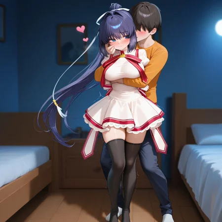 solo,masterpiece, best quality, amazing quality, very aesthetic, high resolution, ultra-detailed, absurdres, newest, detailed hair, depth of field, photorealistic details, 1girl, BREAK,
konohana lucia,18yo, young,virgin,long ponytail, rewrite uniform,skirt,frilled uniform, white ribbon, black thigh highs, gradient hair,medium breast, slim, hourglass body, female focus, skinny, full body
BREAK,
horny, sexy, loving, hearts, female hands tied behind the back, looking away, looking straight, motion blur, breast trembling,disheveled, BREAK, cute, horny, big round eyes, eyes wide open,night,moonlight,(in a cozy bedroom:1.2), seductive standing, sexy standing, seductive embarrassment,wavy mouth, beauty thighs,bed,1boy, hug from behind, clothed male, faceless male, male licking female's cheek from behind