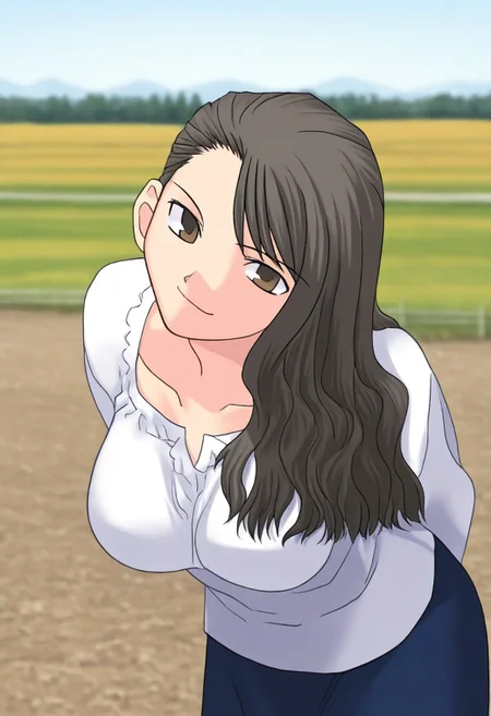 masterpiece, best quality, <lora:Tsukihime NXL:1>,solo,masterpiece, best quality,
1girl, female focus, large breasts, solo, brown eyes, thin brown highlights in hair, black hair, thin blonde highlights in hair, long hair,wavy hair, hair part, side part, hair slicked back, small mouth, short nose, small nose, cute face, soft hair,
outdoor, farm, sunny day, head tilt, hands behind back, leaning forward, quarter view, innocent smile, cheerful feeling, feminine, girlish, cute