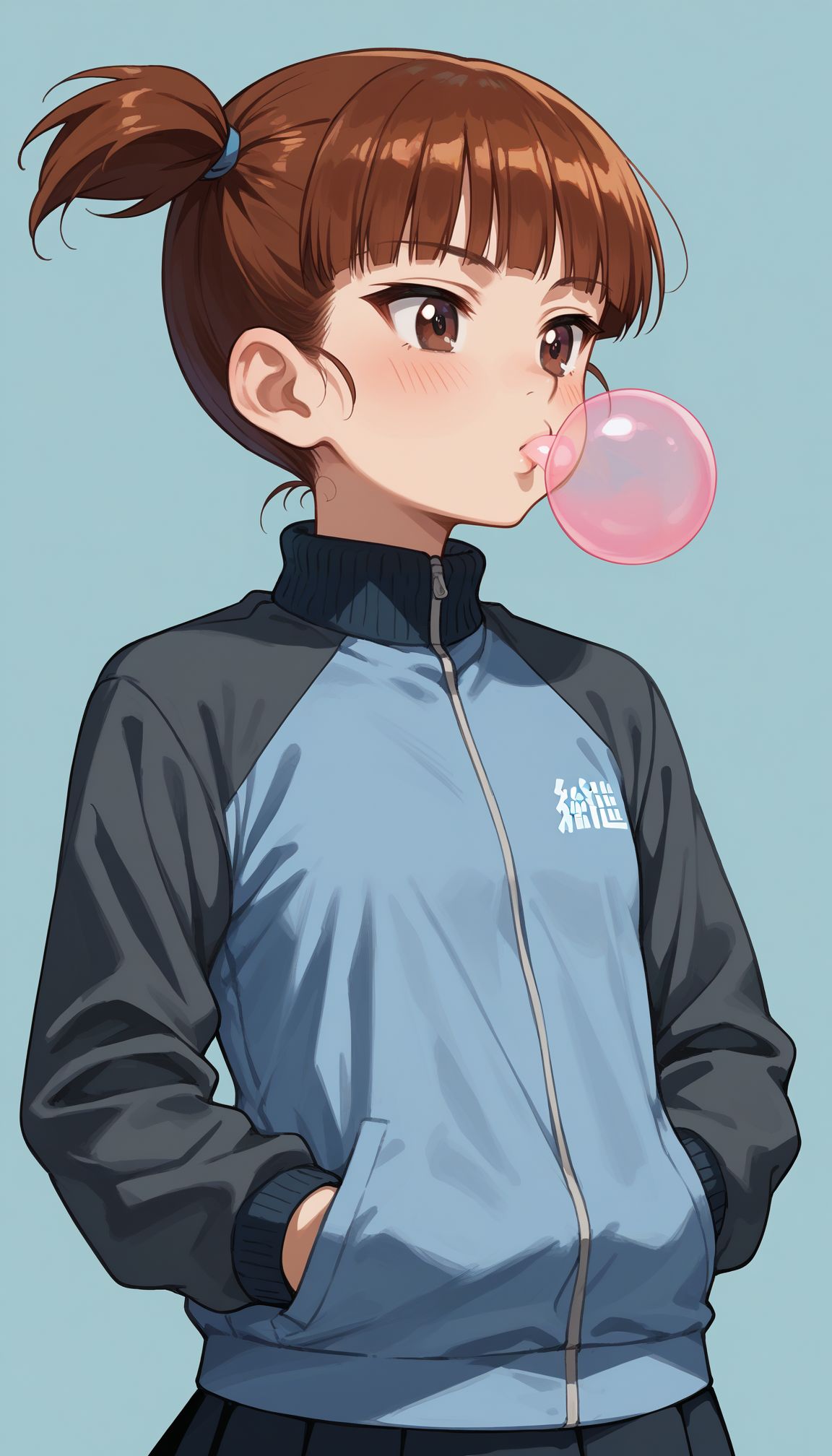 score_9, score_8_up, score_7_up, score_6_up, 
 <lora:Mikko (Girls Und panzer):1> 1girl, mikko (girls und panzer), short hair, short twintails, blunt bangs, red hair, hair tie, red eyes, twintails, 
 hands in pockets, pleated skirt, keizoku military uniform, , long sleeves, blue jacket, bubble blowing, track jacket, blue skirt, blunt bangs, chewing gum, miniskirt, standing, brown hair, raglan sleeves, brown eyes, hair tie, simple background, cowboy shot, upper body, blush, small breasts