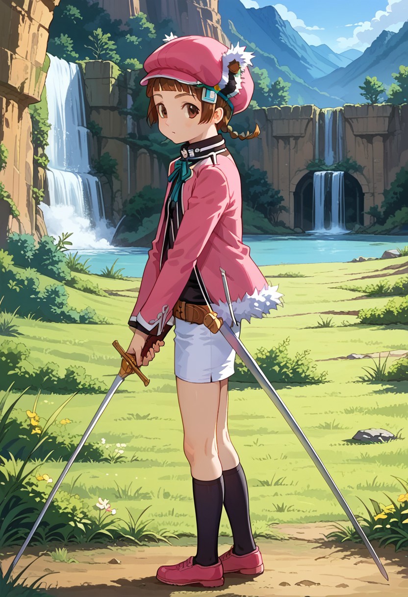 score_8, score_8_up, score_7_up, source_anime, anime screenshot BREAK 1girl, female focus, solo, Rifmonic_scs, cabbie hat, earflap hat, pink hat, twin braids, bangs, blunt bangs, sidelocks, brown hair, pink jacket, open jacket, fur-trimmed jacket, long sleeves, neck ribbon, black shirt, belt, skirt, white skirt,  black socks, kneehighs, pink shoes, full body,  from side, alber_guard, longsword, two-handed, two-handed sword, canyon, outdoors, looking at viewer,