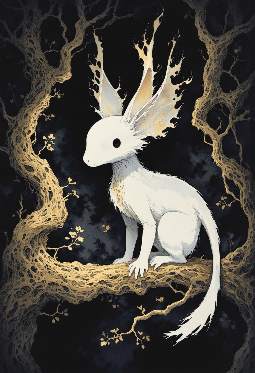 Studio Ghibli Dark Fairytale, A single, white origami dragon perched on a branch of a Sakura, golden tree. Surreal and minimalist. Dark Art, oriental art, ultra high res,