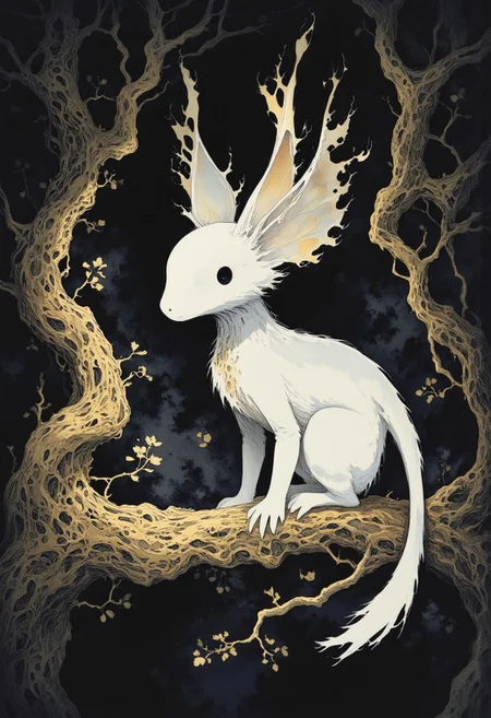 Studio Ghibli Dark Fairytale, A single, white origami dragon perched on a branch of a Sakura, golden tree. Surreal and minimalist. Dark Art, oriental art, ultra high res,