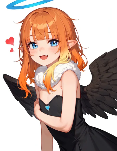 score_9_up, score_9, score_8_up, score_7_up, rating_explicit, ninomae ina'nis 1girl, ina2D, petite body, side view, on side, girl hug takodachi, ((circle layout)), pointy ears, orange hair, gradient hair, looking at viewer, blunt bangs, blue eyes, smile, fang, open mouth, heart, multicolored hair, halo, low wings, black dress, fur trim, strapless dress, heart, thin body,(masterpiece, best quality, very aesthetic), detailed, beautiful color, amazing quality, cirlce background, 1girl, perfectly flat chest, tiny perky tits, shirt, 1girl, score_9_up,