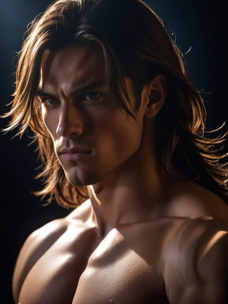 Photographic,absurdres,masterpiece,sharp focus,extreme detail description,male focus,muscular,abs, A dramatic portrait of a young man with long, straight hair, engulfed in (shadows), ((with light casting over one side of his face)), (((mysterious aura))), sharp contrast, moody lighting.