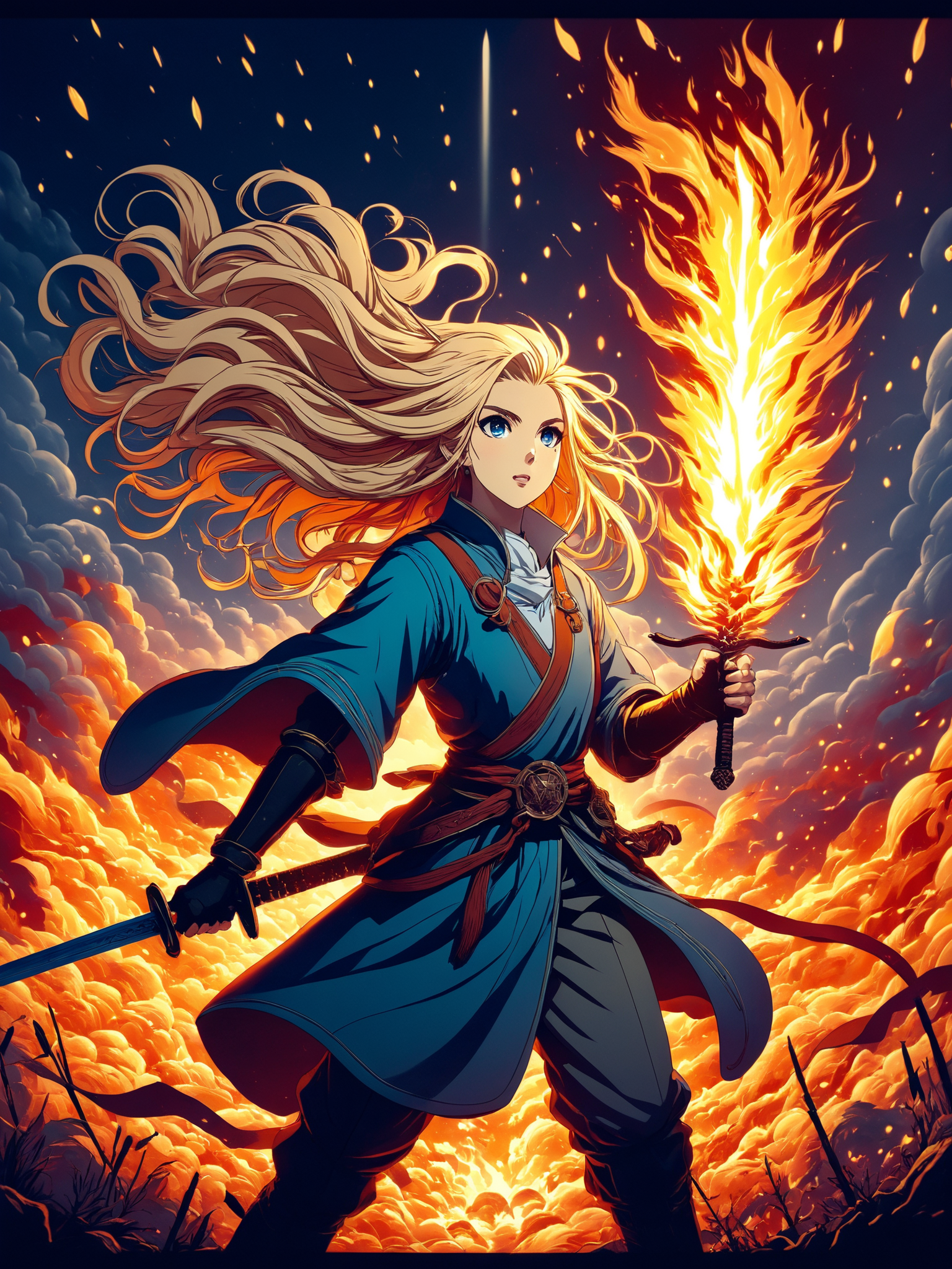 anime style, line art, flat color, cel shading, a girl with long blonde hair, a sword in fire, mystic background, cinematic lighting
<lora:grainy-v1:0.9>