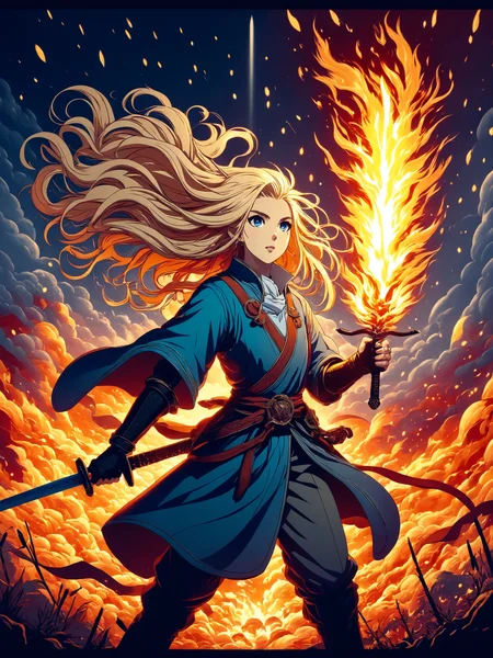 anime style, line art, flat color, cel shading, a girl with long blonde hair, a sword in fire, mystic background, cinematic lighting
<lora:grainy-v1:0.9>