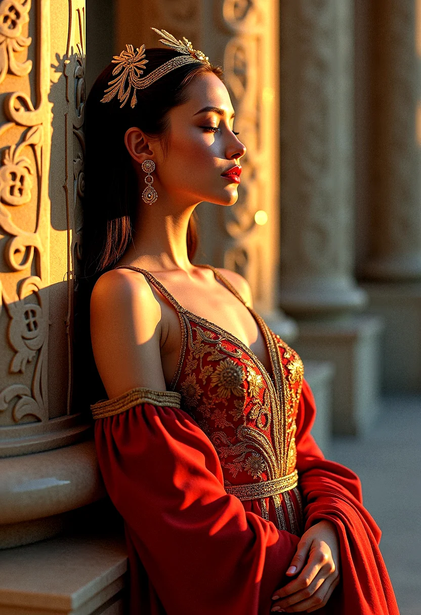 a serene woman in Byzantine-inspired attire, leaning gracefully against an ornate column, eyes closed in quiet contemplation, intricate mosaic patterns on a flowing gown, late afternoon with the warm glow of twilight, photorealistic rendering, ultra-high-definition textures, dynamic and warm lighting, deep golds and reds, detailed lace and fabric textures, cinematic composition, contemplative and serene atmosphere, natural shadows and reflections, rich and vibrant colors, peaceful expression, highly detailed jewelry, luxurious materials, smooth transitions between light and shadow
Body Pose: Leaning gracefully against an ornate column, eyes closed in quiet contemplation.
Time of Day: Late afternoon, with the warm glow of twilight.
Mood: Contemplative and serene.
Aesthetic: Byzantine grandeur, deep golds and reds, intricate mosaic patterns.