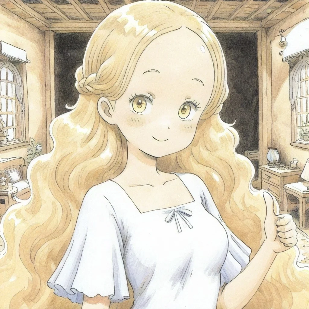 (traditional media:2),flat color,official style,<zelie:1.2>,solo,1girl,zelie,very long hair,blonde hair,braid,forehead,yellow eyes,breasts,white dress,short sleeves,smile,thumbs up,looking at viewer,upper body portrait,indoors,bedroom