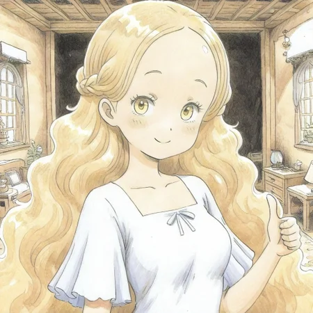 (traditional media:2),flat color,official style,<zelie:1.2>,solo,1girl,zelie,very long hair,blonde hair,braid,forehead,yellow eyes,breasts,white dress,short sleeves,smile,thumbs up,looking at viewer,upper body portrait,indoors,bedroom