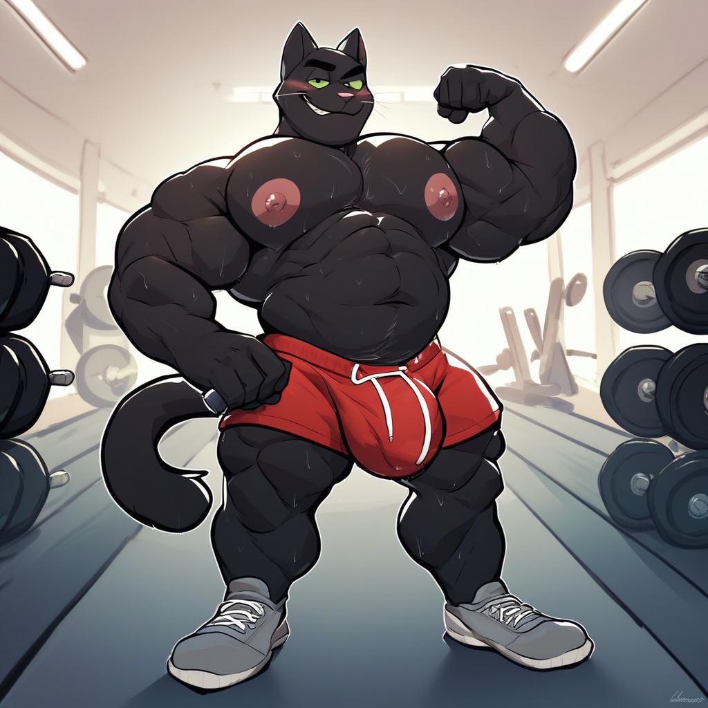 score_9, score_8_up, score_7_up, 2k, 4k, high res, 2d (artwork) cartoon style, Mango_JuiceBara, Male Focus, no humans, 1boy, solo, furry, anthro, domestic cat, black body, green scelera, no tail, smirking, naughty expression, bara, older, mature, male, thick thighs, wide hips, voluptuous, blushing, sexy, standing, large bulge, red gym shorts, shirtless, gray shoes, muscular male, fat, large pectorals, large nipples, inside, gym, bright room, weights, exercising, weightlifting, dumbbells, holding dumbbells, dumbbell in right hand, dumbbell in left hand, flexing, sweaty, musk clouds, solo, score_9, score_8_up, score_7_up, score_6_up, score_5_up, score_4_up, top pov