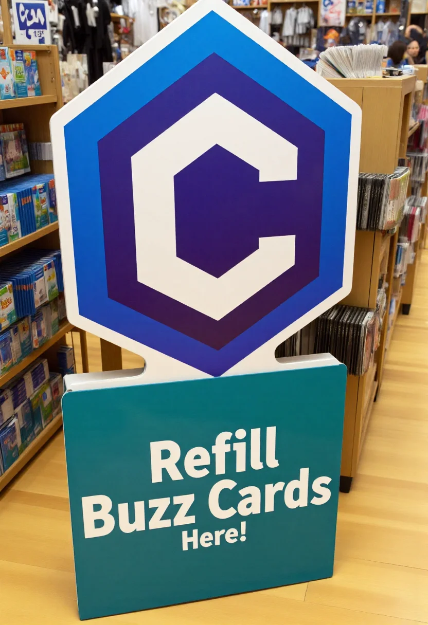 <lora:Cardboard_Cutout_Creator_FLUX-000021:0.9> <lora:civitaiLogoFlux:0.9>
Photograph taken in a retail environment, likely a store or a pop culture merchandise shop. The main subject is a large, life-size cardboard cutout of the civitaiLogo and text "Refill Buzz Cards Here!"