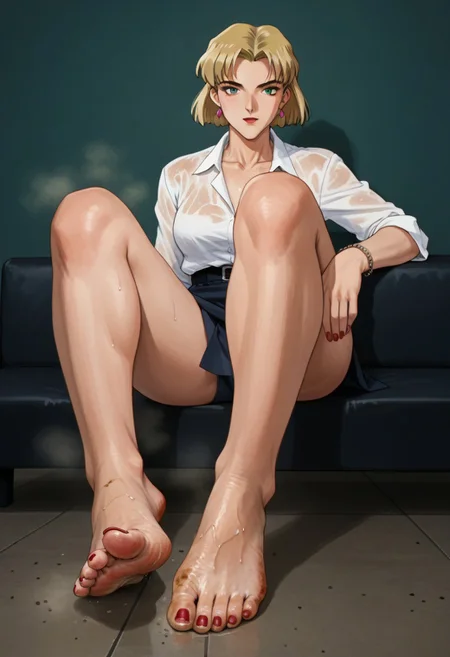 score_9, score_8_up, score_7_up, a anime character with huge feet is sitting on a sofa at a table, 1woman, toenails, feet, ritsuko akagi, short hair, blonde hair, mole, mole under eye, parted bangs, green eyes, ), jewelry, nail polish, red nails, soles focus, sitting, earrings, bracelet, , breasts, smelly feet:1.7, barefeet, filthy soles:1.6, steamy soles:1.5, toes, barefoot,  , focus soles:1.6, sitting,   smelly feet:1.7, filthy soles:1.6, steamy soles:1.5, , dripping with sweat, body shiny with sweat glow, bare feet, perfect feet, detailed feet, five toes, dirty,dirty_feet