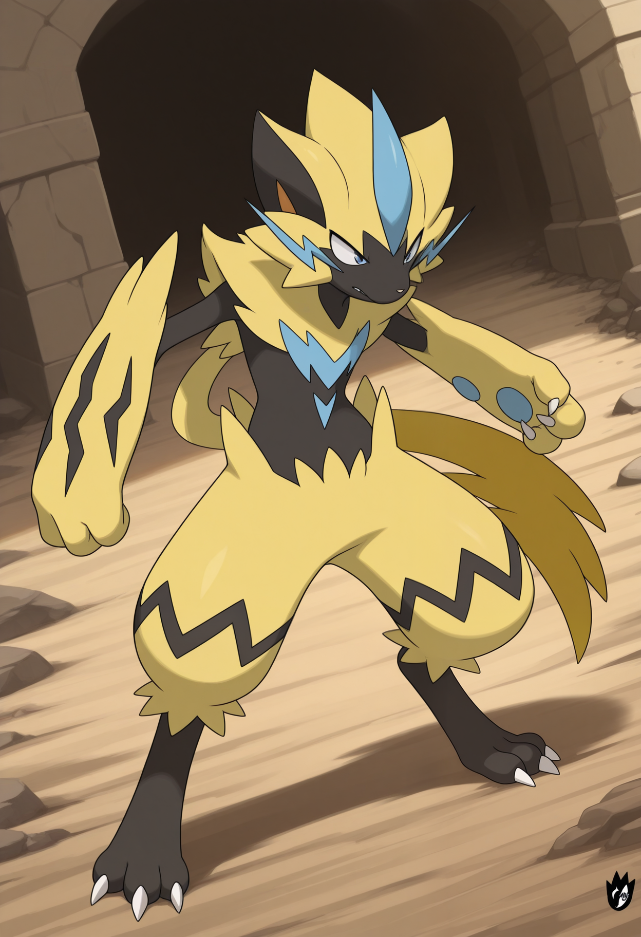 masterpiece,best quality,amazing quality, 1boy, solo, z3r40r4, pokemon (creature), blue eyes, black skin, yellow fur, full body, outside,
