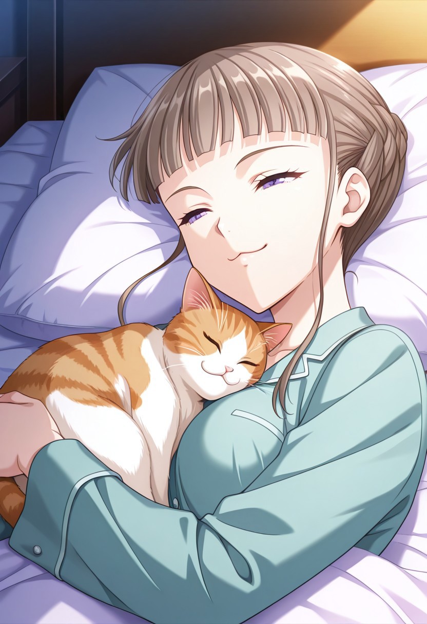 very aesthetic, high resolution, ultra-detailed, absurdres, newest, scenery, medium depth of field, rule of thirds, masterpiece-level, clean lines, sharp, focused subject, minimalistic composition, masterpiece, amazing quality, best quality, anime screencap, detailed face, detailed eyes, detailed outfit, face focus, 1girl, Manaka Nemu, braided hair, purple eyes, medium breasts, sidelocks, long sleeves, BREAK, pajama, pajamas, bedroom, bed, in bed, sleeping, eyes closed, snoring, peacefully, (cat:1.6), cute cat, cuddling with cat, cat face, :3, relaxed, joy, happy, <lora:Nemu last IXL:1>