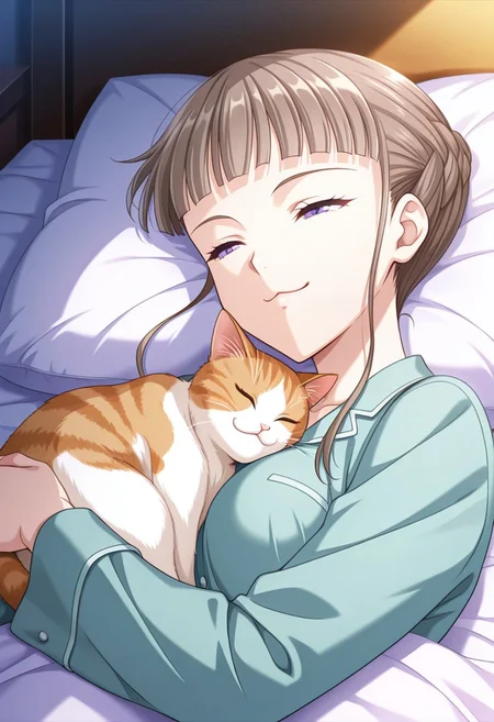 very aesthetic, high resolution, ultra-detailed, absurdres, newest, scenery, medium depth of field, rule of thirds, masterpiece-level, clean lines, sharp, focused subject, minimalistic composition, masterpiece, amazing quality, best quality, anime screencap, detailed face, detailed eyes, detailed outfit, face focus, 1girl, Manaka Nemu, braided hair, purple eyes, medium breasts, sidelocks, long sleeves, BREAK, pajama, pajamas, bedroom, bed, in bed, sleeping, eyes closed, snoring, peacefully, (cat:1.6), cute cat, cuddling with cat, cat face, :3, relaxed, joy, happy, <lora:Nemu last IXL:1>