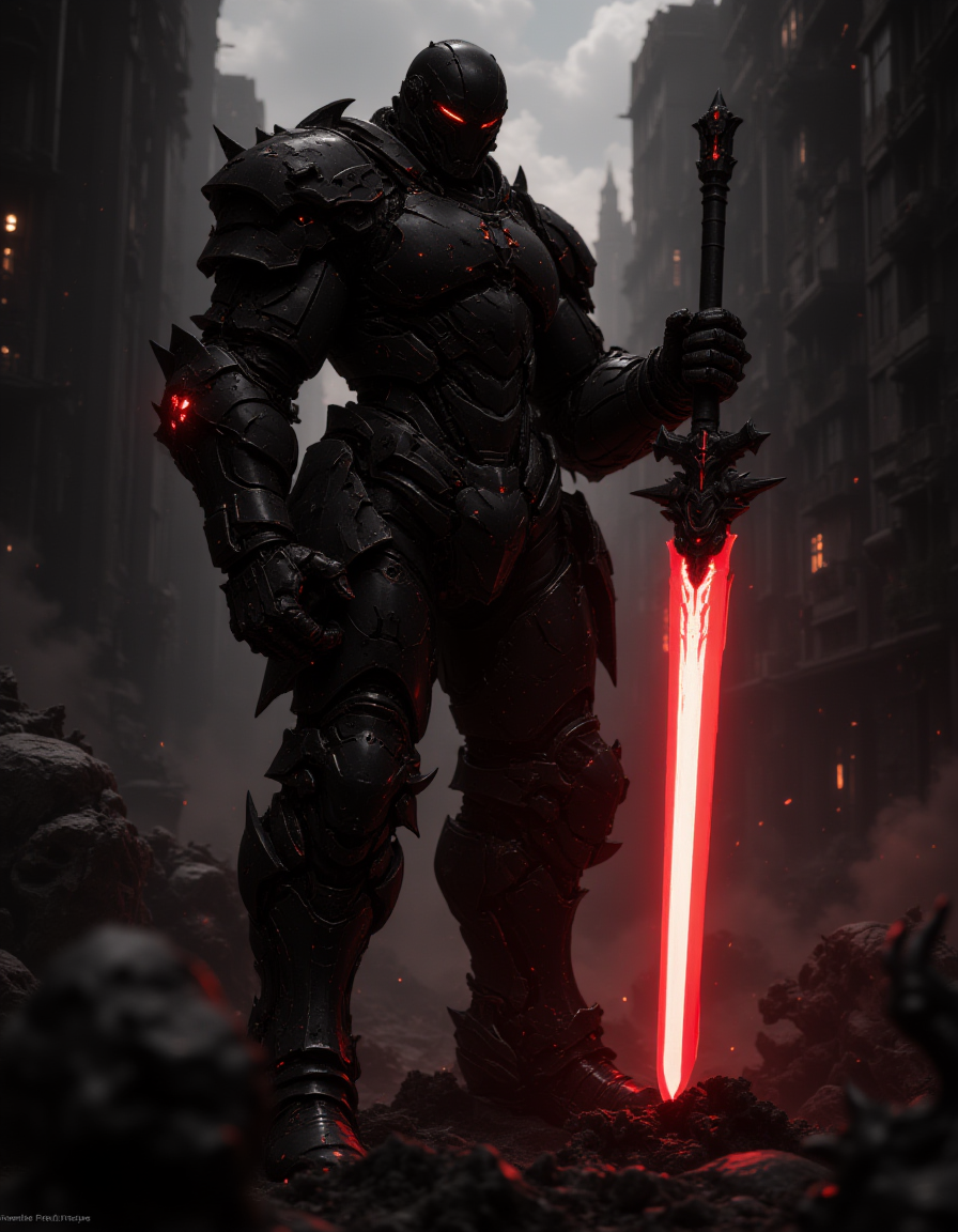 A black cyborg knight, cyborg armor, holding a red laser sword, dark planet black buildings, red light, cinematic, FredFraiStyle